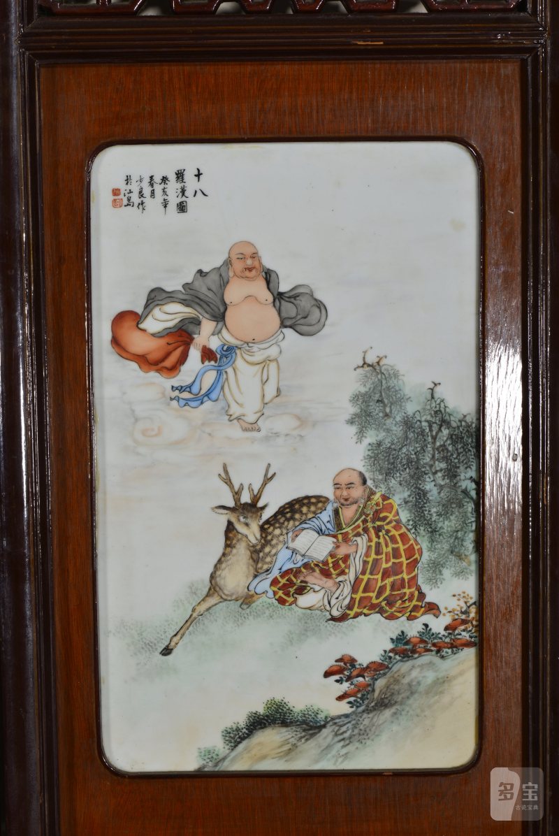 近现代 魏焕明、余少良合作双面粉彩山水人物八联落地大屏风 - 图45